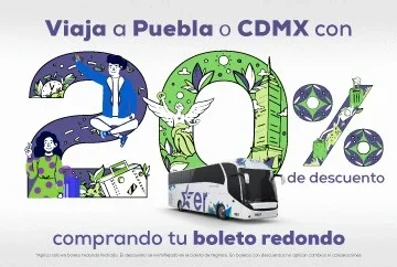 Tu boleto redondo a Puebla o CDMX con descuento del 20%.