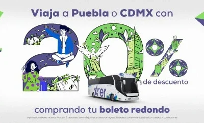 Tu boleto redondo a Puebla o CDMX con descuento del 20%.